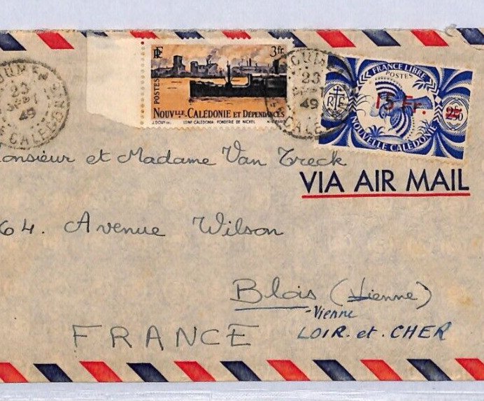 NEW CALEDONIA Air Mail FRANCE LIBRE 15f *SURCHARGE* Cover 1949 {samwells}YF158