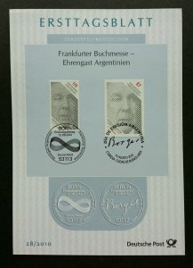 *FREE SHIP Germany Argentina Joint Issue FRANKFURT BOOK FAIR 2010 (FDC *dual PMK