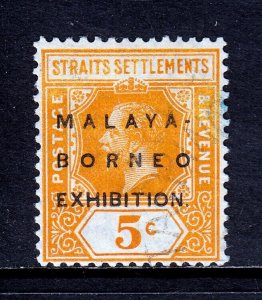 STRAITS SETTLEMENTS — SCOTT 155d — 1922 5c MALAYA BORNEO OVPT. — USED — SCV $22