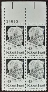 US Scott # 1526; 10c Robert Frost from 1974; MNH, og, VF Plate Block of 4