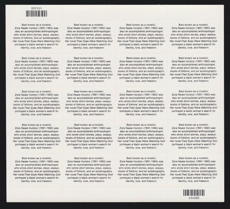 US 3748 37c Zora Neale Hurston Literary Arts Mint Sheet NH Self-Adhesive 