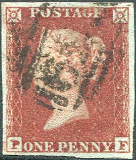 1841 Penny Red (PF) Fine Four Margin in a lake shade on deeply blued paper