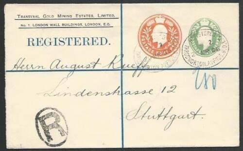 GB 1908 EVII 4d + ½d printed to private order reg envelope used to Germany.53333 