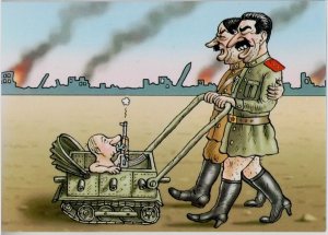 2022 war in Ukraine Card Putin is a worthy son of Hitler and Stalin Caricature
