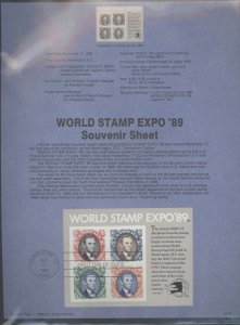 US SP866 1989 world stamp expo. sheet of 4 stamps on official souv. page FDC, #2433 with first day cancel, lincoln