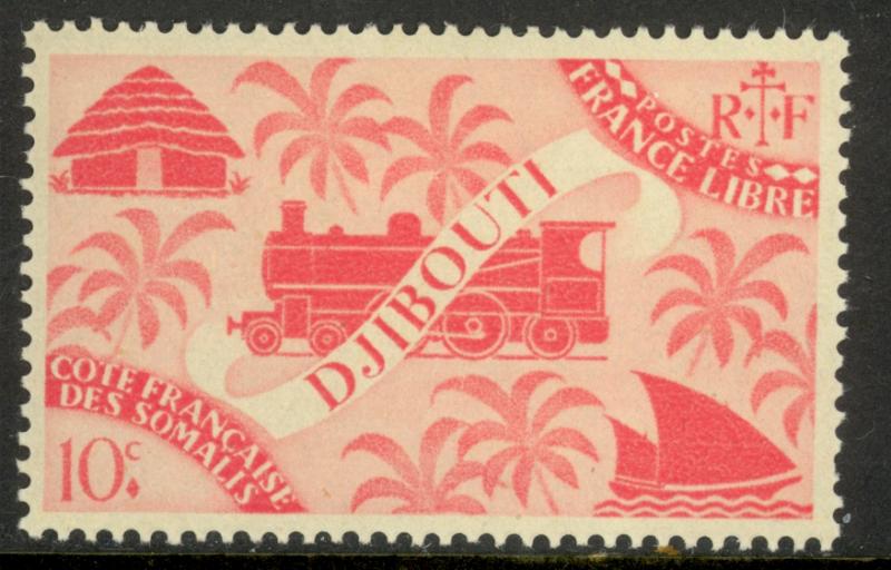 FRENCH SOMALI COAST 1943 10c LOCOMOTIVE AND PALMS Pictorial Sc 225 MLH