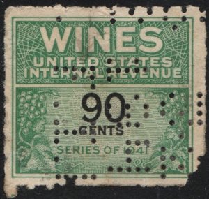 RE144 90¢ Wine Revenue Stamp (1942) Perfin