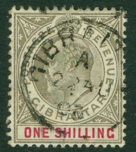 SG 61 Gibraltar 1904-1908. 1/- black & carmine. Very fine used CAT £24