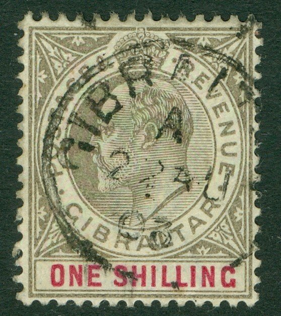 SG 61 Gibraltar 1904-1908. 1/- black & carmine. Very fine used CAT £24