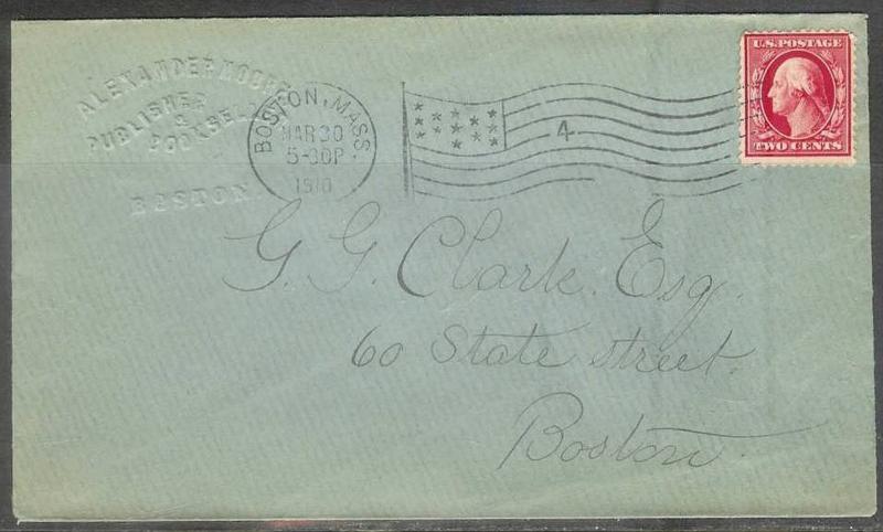 1910 Boston Mass (Mar 30) 4 flag cancel embossed corner card