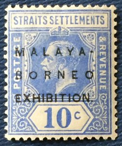 MALAYA 1922 MBE opt STRAITS SETTLEMENTS KGV 10c MSCA SG#254 MLH M4766