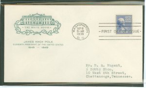 US 816 1938 11c James Polk (presidential/prexy series) single on an addressed first day cover with a House of Farnum cachet.