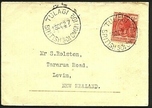 SOLOMON IS 1927 1½d on commercial cover TULAGI to New Zealand..............19701