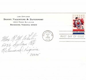 USA 1966 Sc 1309 FDC First Day Cover Clown Circus Wisconsin to Virginia