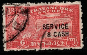 INDIA-TRAVANCORE SGO105a 1943 8ca on 6ca SCARLET p11 USED