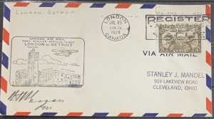 CANADA 1929 FIRST FLIGHT COVER LONDON TO DETROIT .SIGNED