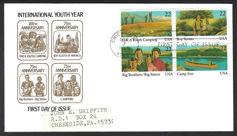 United States Sc #2163a Artmaster Cachet FDC: International Youth Year, 22c 1985