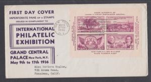 US Planty 778-62 FDC. 1936 TIPEX Souvenir Sheet, Sudduth cachet on Monarch Cover