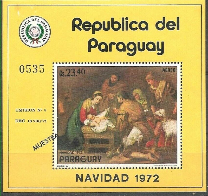 PARAGUAY 1972 CHRISTMAS RELIGION PAINTING SPECIMEN MUESTRA Mi BL197 MNH