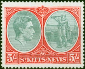 St Kitts Nevis 1945 5s Bluish Green & Scarlet SG77b P.14 Ordin Fine LMM