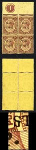 Jamaica SG72e 3d purple on yellow paper Damaged S and Large Stop Plate Block