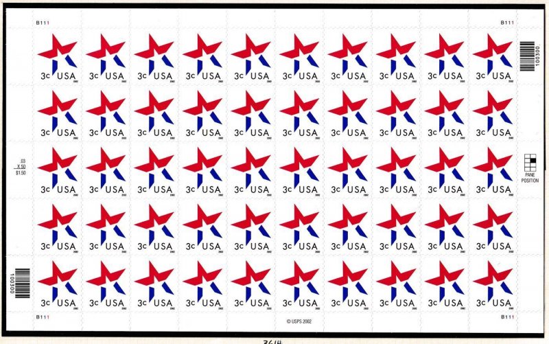 2002 Red White Blue Star Flag Sc 3614 MNH 3c sheet of 50 plate number B111