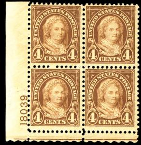 US  #636 PLATE BLOCK, VF mint very lightly hinged,  THE KEY TO THE SET!,  RAR...