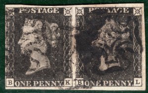 GB PENNY BLACK QV 1840 SG.2 1d Plate 7 (BK-BL) PAIR Used MX Cat £1,400 REDR66