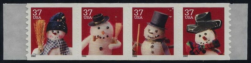 3680-3683a Scarce Linerless Christmas Snowmen Mint NH Strip of 4 Cat $13