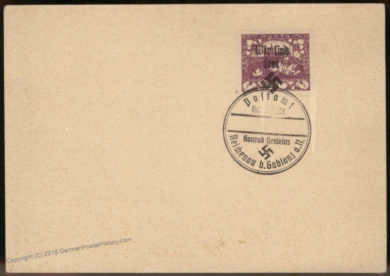 3rd Reich 1938 Germany Sudetenland Reichenau Private Overprint Cover 94677