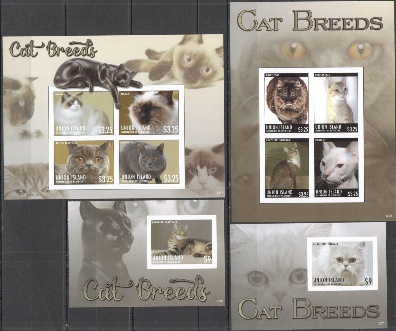OZ0714 IMPERFORATE 2013 UNION ISLAND FAUNA PETS CATS CAT BREEDS 2BL+2KB MNH