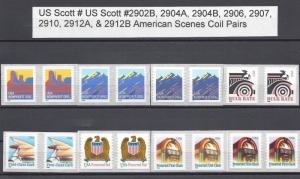 US Scott #2902B, 2904A&B, 2906, 2907, 2910, & 2912A&B  Am. Scenes Coil Pairs