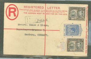 Grenada  KG VI 3c reg. env, size G, used to Germany, arrival cancel reverse.