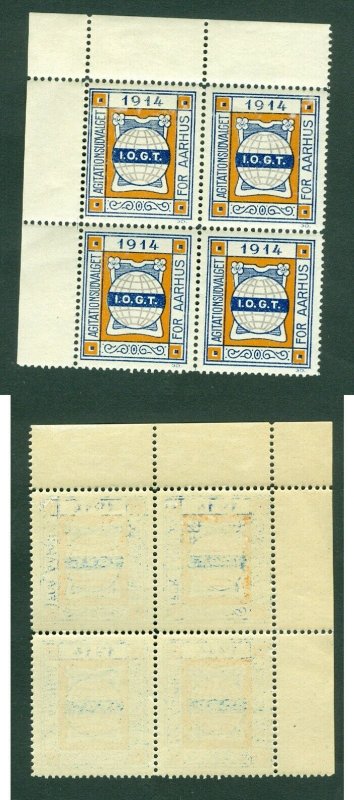 Denmark.Poster Stamp 4 Block.Top Left Margin.MNH.IOGT Order Templars 1914 Aarhus