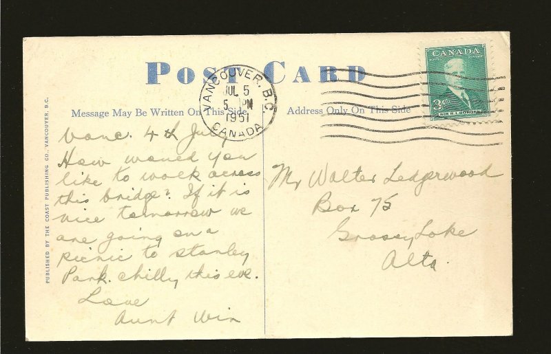 Canada 303 on Postmarked Vancouver BC 1951 Postcard Used