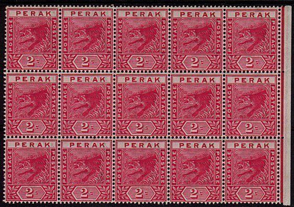 MALAYA PERAK 1892 2c Tiger block of 15 MNH.................................48867