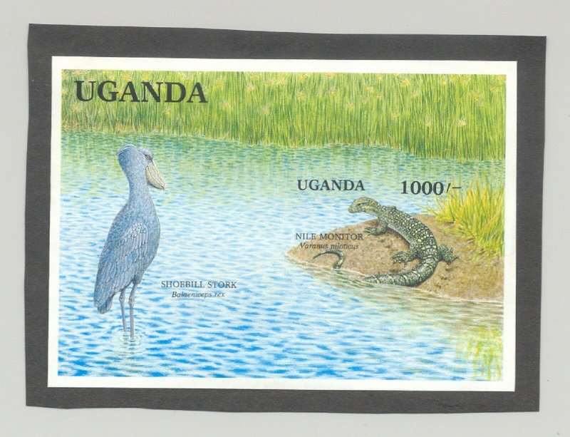 Uganda #858 Lizard, Birds 1v S/S Imperf Proof Mounted on Heavy Paper