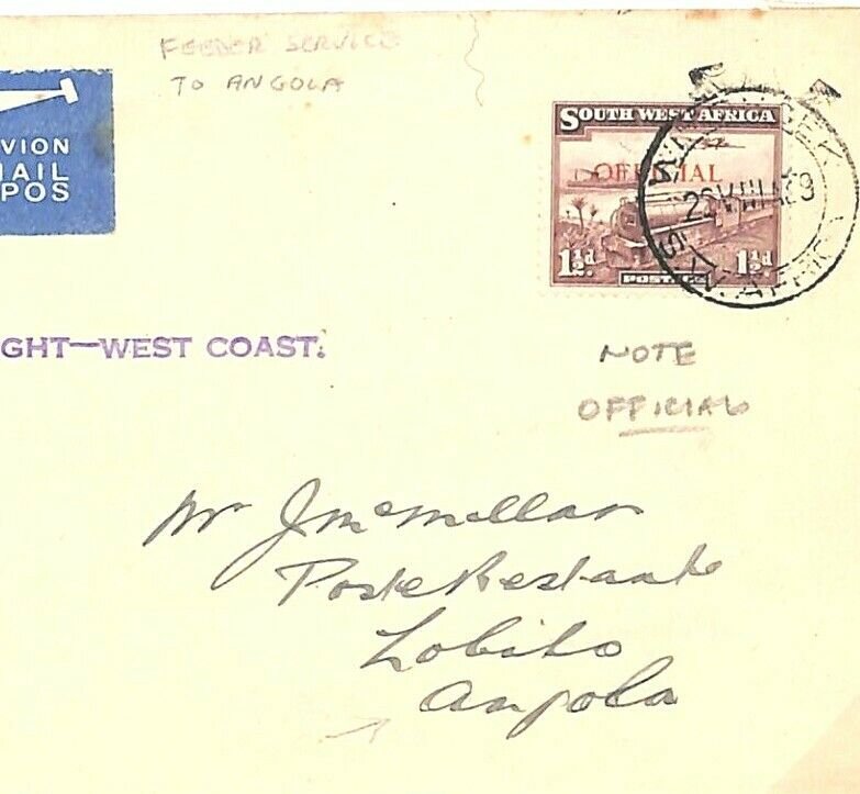 SOUTH WEST AFRICA Cover AIR *Official* Angola*First Flight-West Coast* 1939 D216