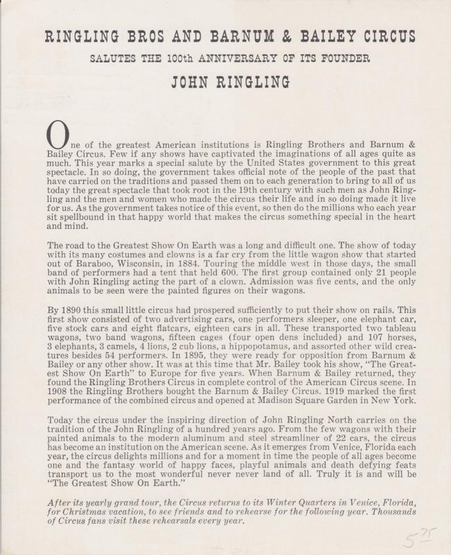 US Sc 1309, 1966 5c Circus Official Ringling Bros & Barnum & Bailey, First Day X