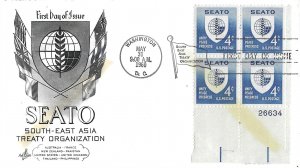 1960 FDC, #1151, 4c SEATO, Art Craft, plate block of 4