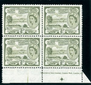 St Kitts-Nevis 1954 QEII ½c yellow-olive Imprin Plate block superb MNH. SG 106a.