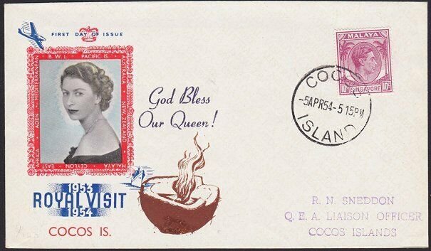 SINGAPORE USED IN COCOS ISLAND 1954 Royal Visit cover.......................4711