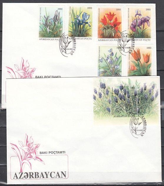 Azerbaijan, Scott cat. 379-384, 385. Flower set & s/sheet. 2 First day covers.