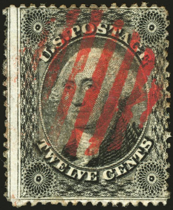 U.S. #36 12c Intense Black 1857 Used with Gorgeous Magenta Grid Cancel Sharp