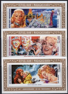 Madagascar 1995 Sc#1289/1291  MARILYN MONROE 3 Souvenir Sheets Perforated MNH