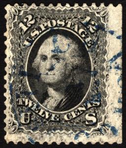 #69 12c Black 1861 Civil War Era VF Used with Blue Town Cancel Large Sheet Edge
