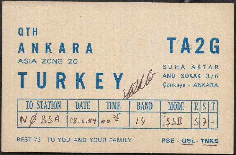 QSL CARD TA2G,Suha Aktar And Sokak,89,Turkey(Q4529)