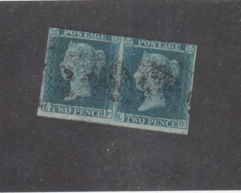 GREAT BRITAIN  # 4 VF-USED 2d 1841 /QUEEN VICTORIA PAIR /BLUE CAT VALUE $100