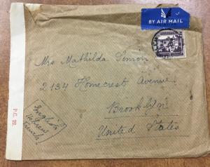 PALESTINE 1942 CENSORED AIRMAIL cover Jerusalem to Brooklyn 200m