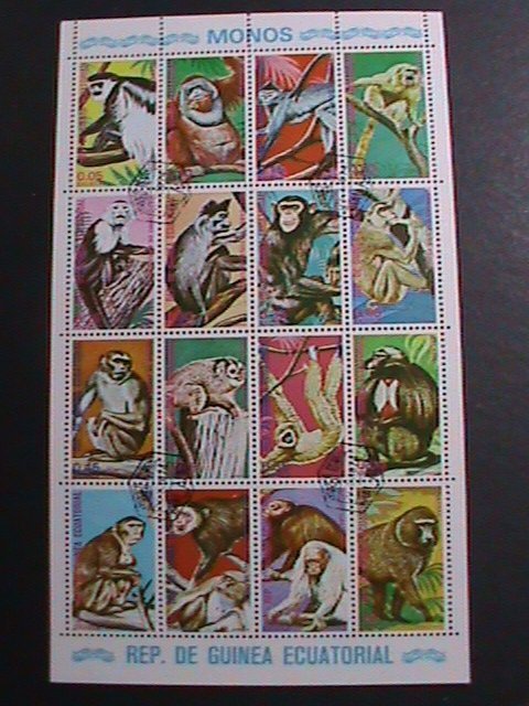 EQUATORIAL GUINEA-1974 WORLD FAMOUS LOVELY MONKIES  CTO SHEET-VERY FINE